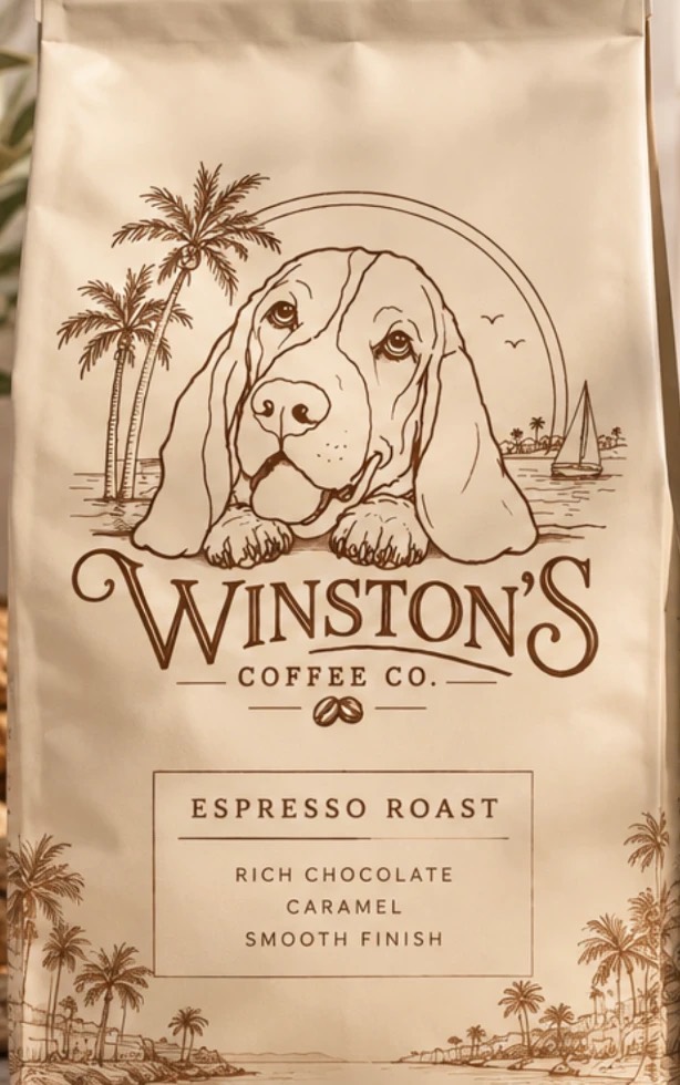 A Winston's Coffee Co. bag of Espresso Roast, printed with the hand-drawn Winston logo, palm trees, and tasting notes: rich chocolate, caramel, smooth finish